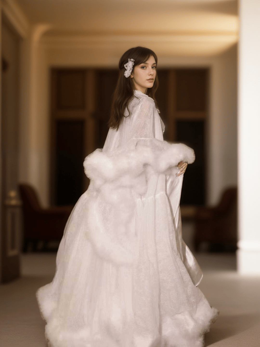 Luxury thick turkey feather fringe long bridal robe set with night gown - Overture Gifts
