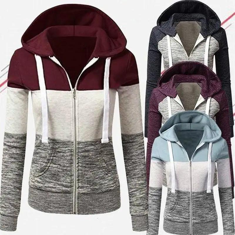 Luxury Women Patchwork Hoodie Spring Autumn Slim Hooded Jacket Fashion Long Sleeve Drawstring Pocket Hoodies Sweatshirts Women's Hoodie Color Block Casual Pullover Hoodie
