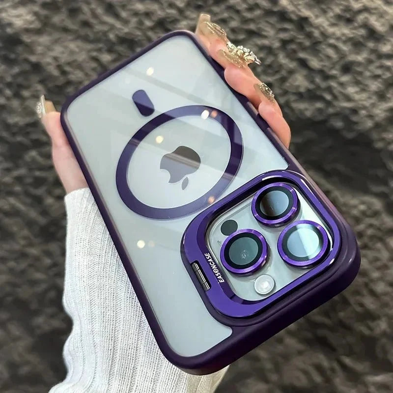 Magnetic Shockproof Transparent Phone Case with Stand | Glass Lens Protection for iPhone 11-16 Series