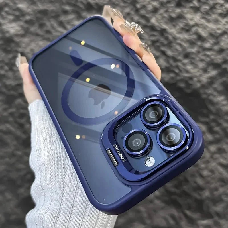 Magnetic Shockproof Transparent Phone Case with Stand | Glass Lens Protection for iPhone 11-16 Series