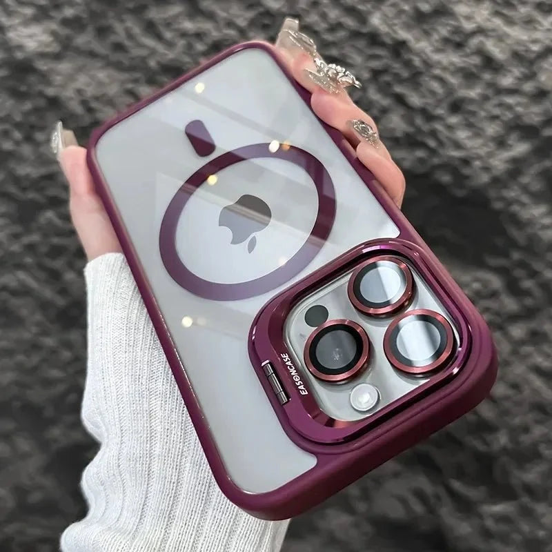 Magnetic Shockproof Transparent Phone Case with Stand | Glass Lens Protection for iPhone 11-16 Series