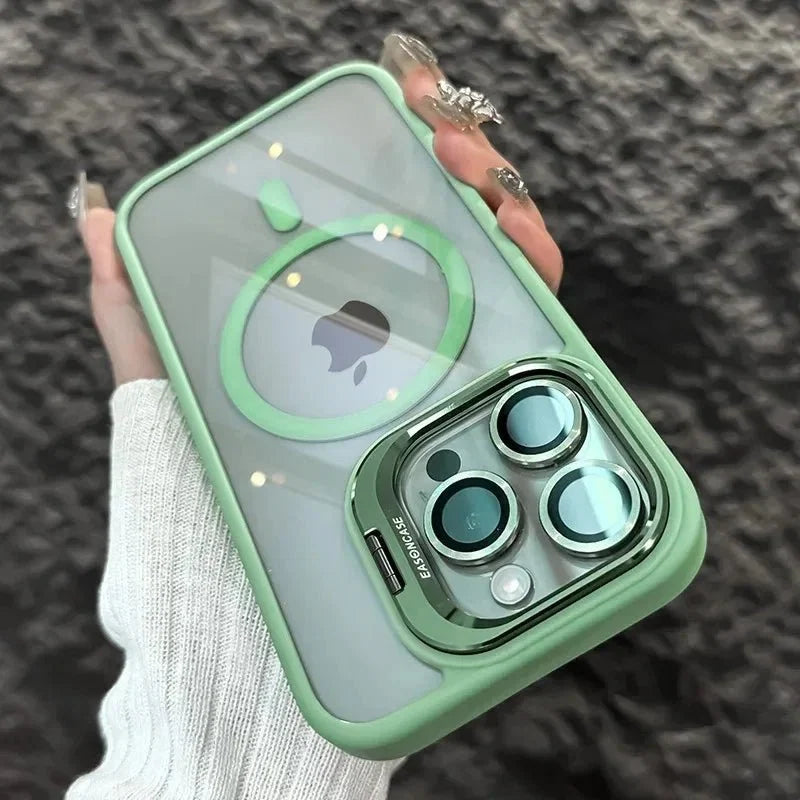 Magnetic Shockproof Transparent Phone Case with Stand | Glass Lens Protection for iPhone 11-16 Series