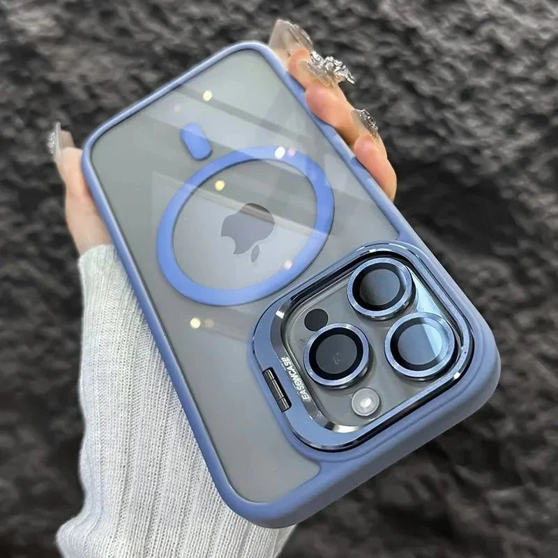 Magnetic Shockproof Transparent Phone Case with Stand | Glass Lens Protection for iPhone 11-16 Series