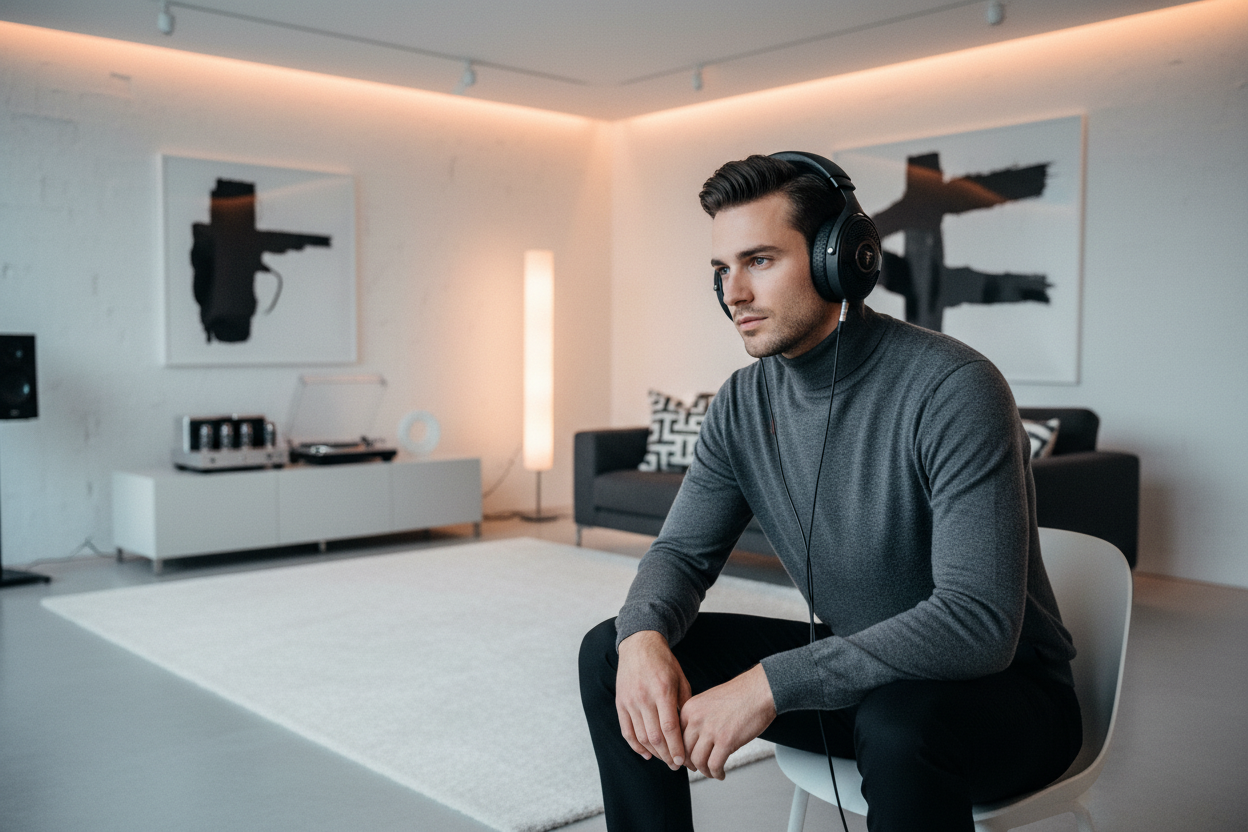 Male model in luxury listening room