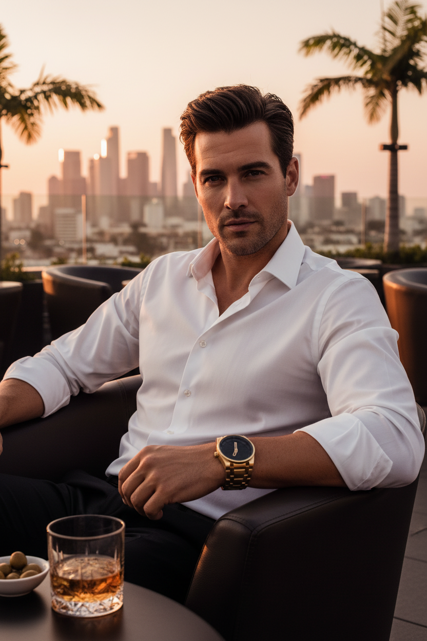 Man at rooftop bar, golden hour