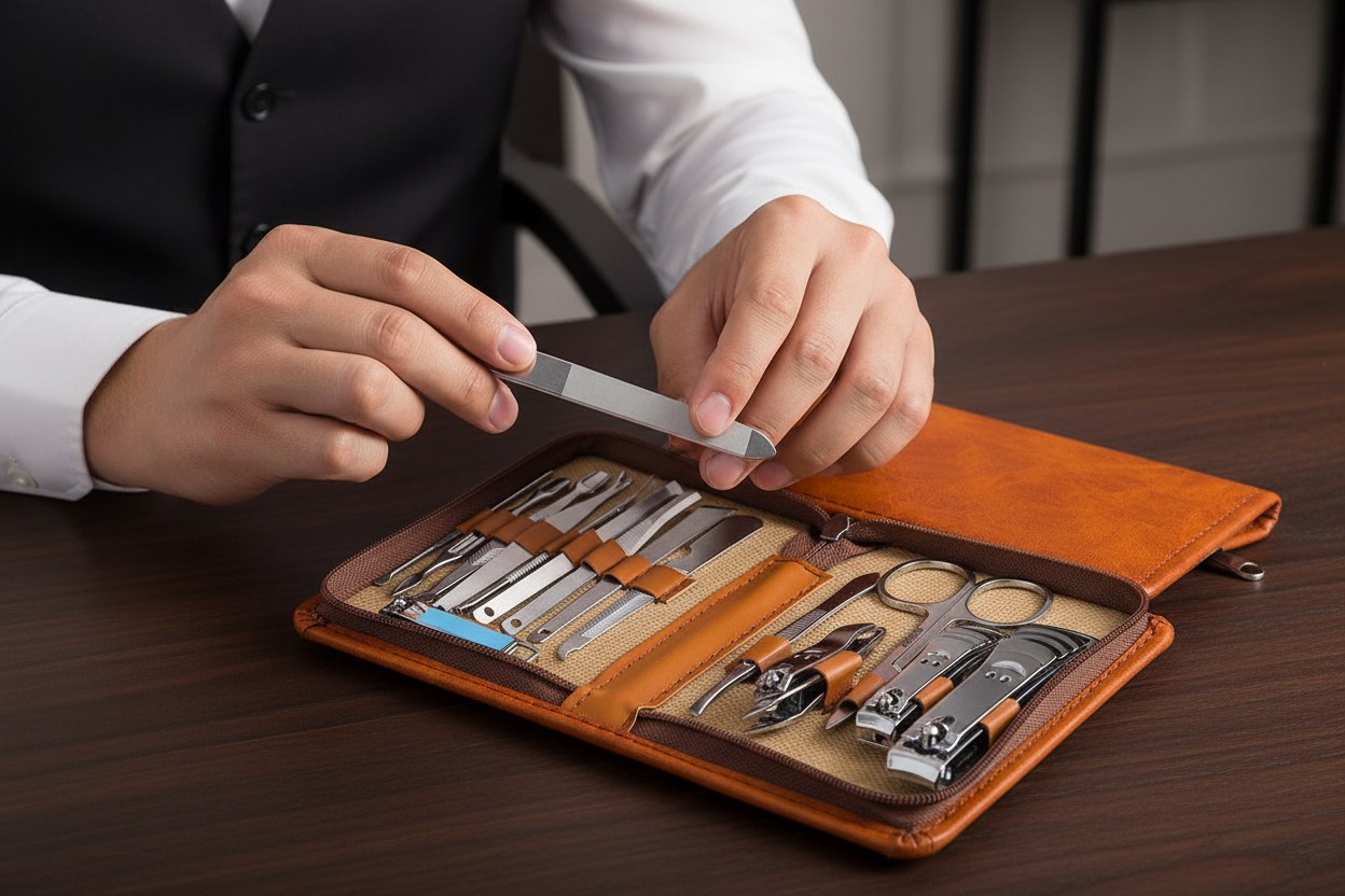 Man using nail file from leather manicure kit