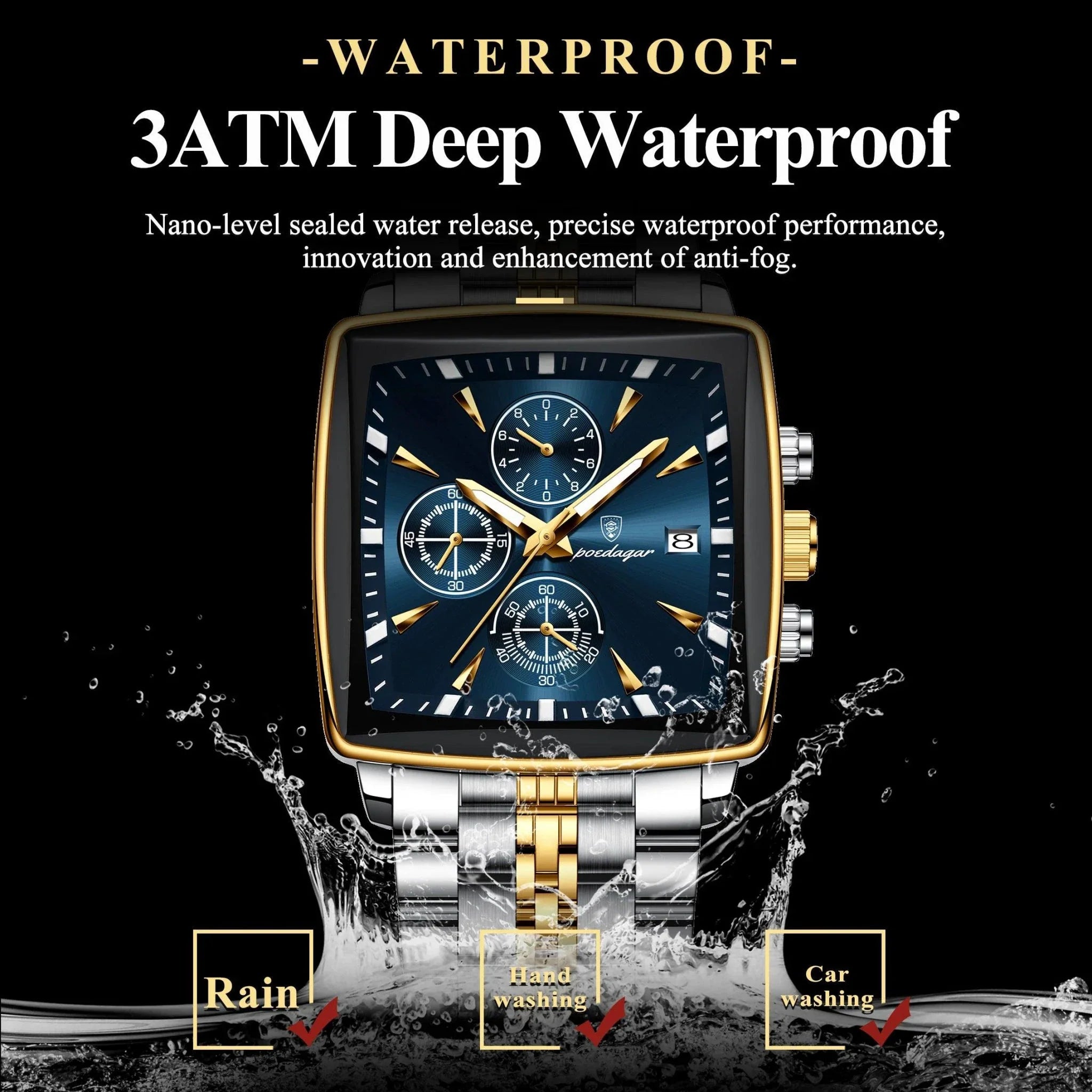 POEDAGAR Men's Square Chronograph Watch - Luminous Waterproof Stainless Steel Quartz Wristwatch
