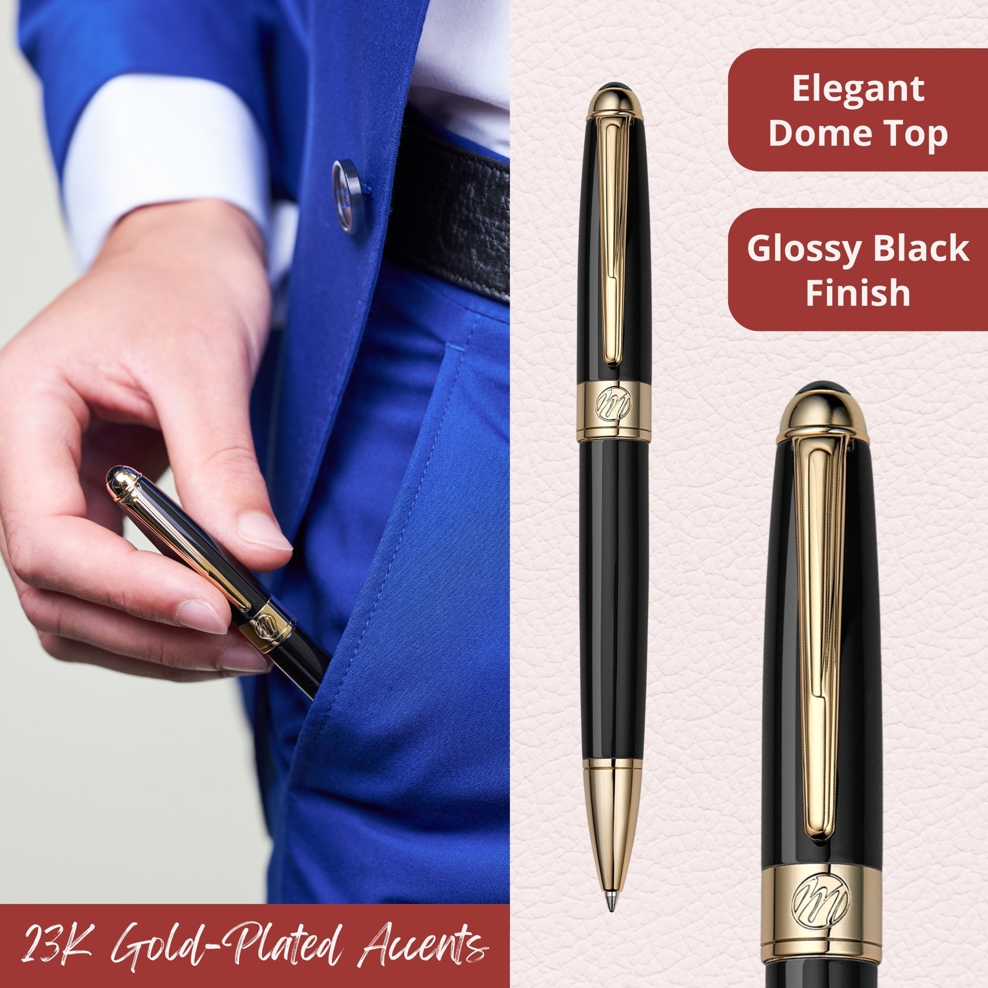 Massete Venero Executive Classic Luxury Ballpoint Pen, Glossy Black, Red, or Blue with 23K Gold Plated Trim, Twist to Open, Engravable, Presented in Gift Box, Extra Refill Included, Medium Tip, Black or Blue Ink - Overture Gifts