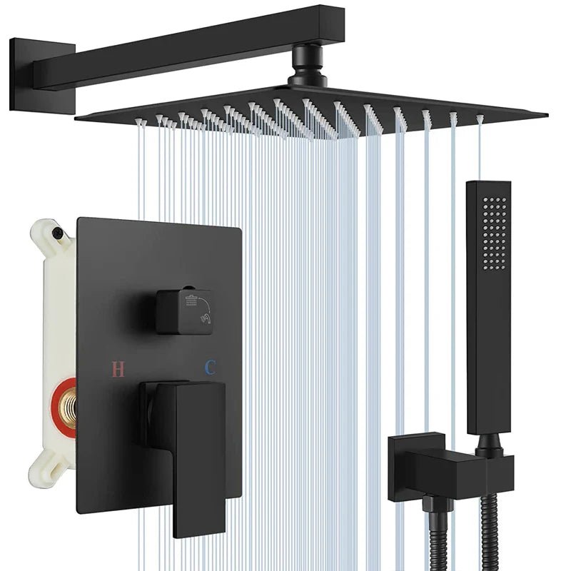 Matte Black Concealed In-Wall Rainfall Shower System with Tub Spout - Wall-Mount Mixer Faucet Set - Overture Gifts