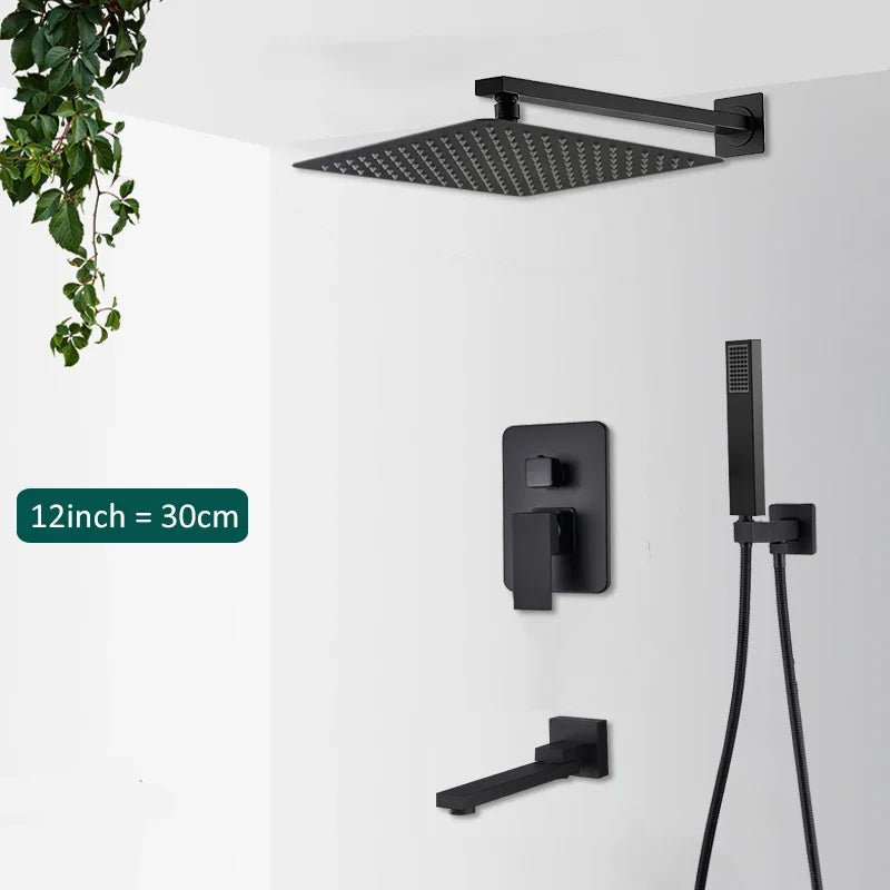 Matte Black Concealed In-Wall Rainfall Shower System with Tub Spout - Wall-Mount Mixer Faucet Set - Overture Gifts