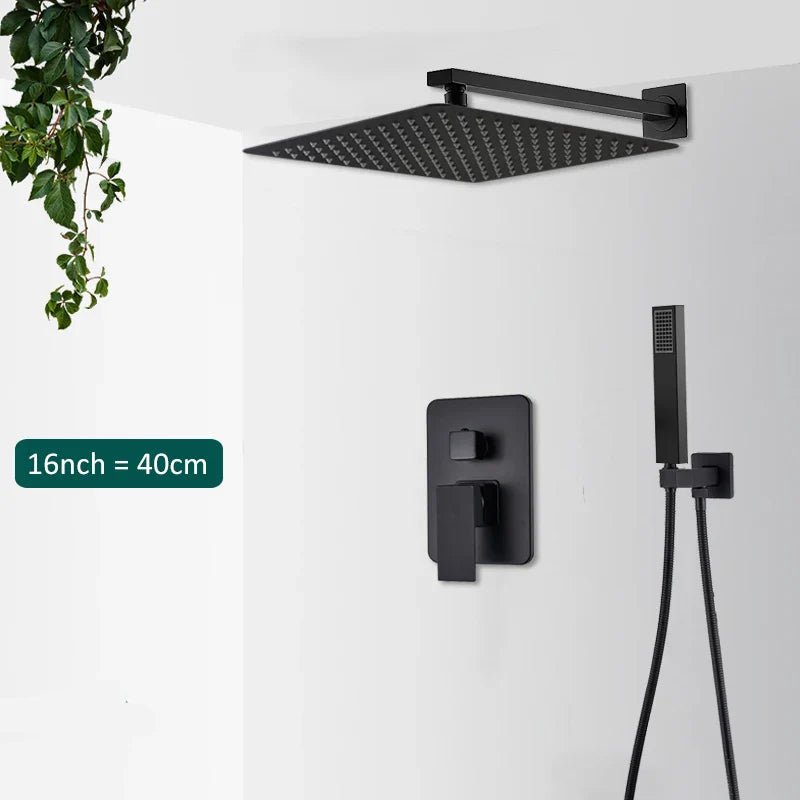 Matte Black Concealed In-Wall Rainfall Shower System with Tub Spout - Wall-Mount Mixer Faucet Set - Overture Gifts