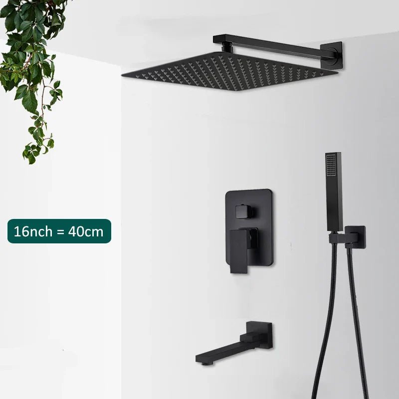 Matte Black Concealed In-Wall Rainfall Shower System with Tub Spout - Wall-Mount Mixer Faucet Set - Overture Gifts