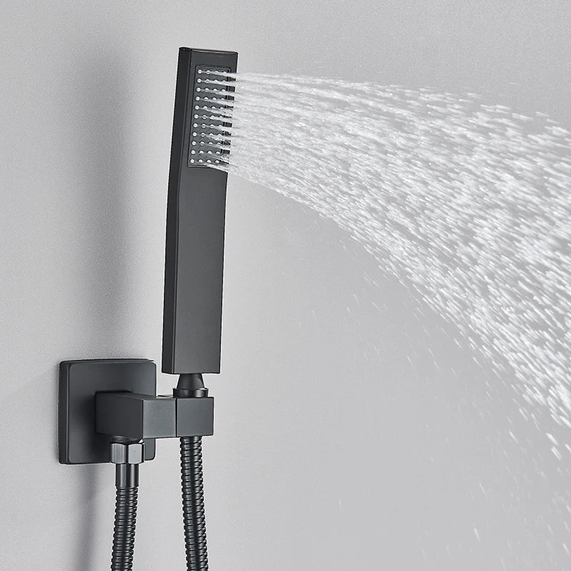 Matte Black Concealed In-Wall Rainfall Shower System with Tub Spout - Wall-Mount Mixer Faucet Set - Overture Gifts