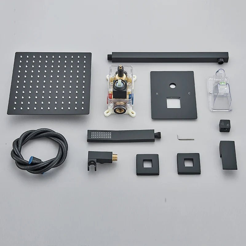 Matte Black Concealed In-Wall Rainfall Shower System with Tub Spout - Wall-Mount Mixer Faucet Set - Overture Gifts