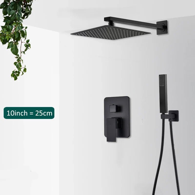 Matte Black Concealed In-Wall Rainfall Shower System with Tub Spout - Wall-Mount Mixer Faucet Set - Overture Gifts