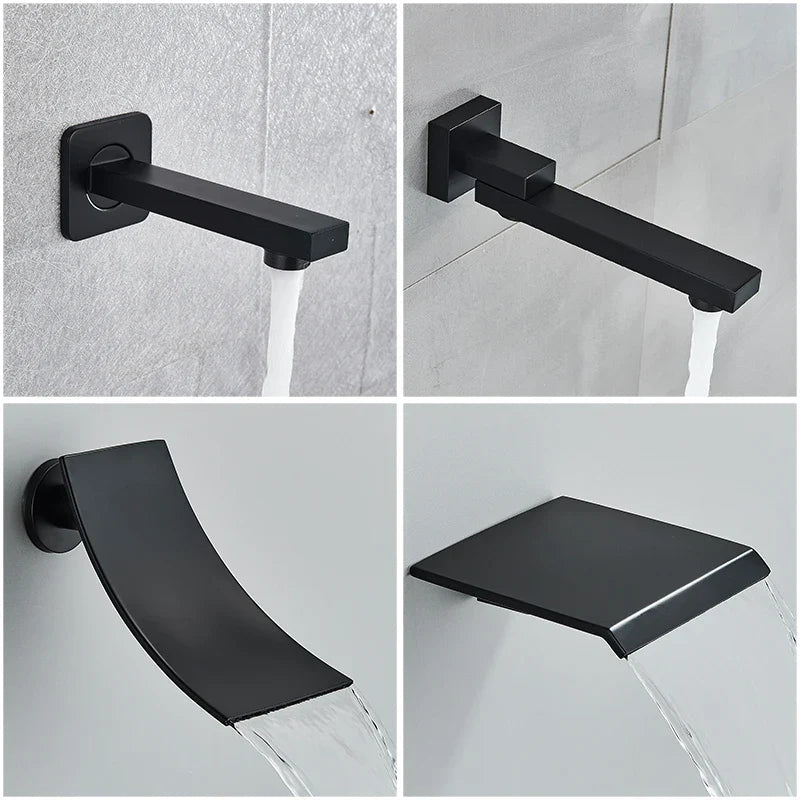 Matte Black Concealed In-Wall Rainfall Shower System with Tub Spout - Wall-Mount Mixer Faucet Set - Overture Gifts