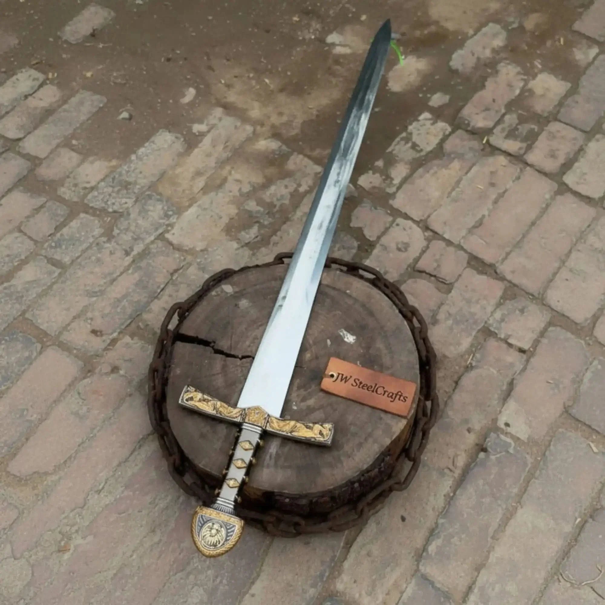 Handmade Medieval Knight Sword Replica in Satin Steel with Gold Accent Guard