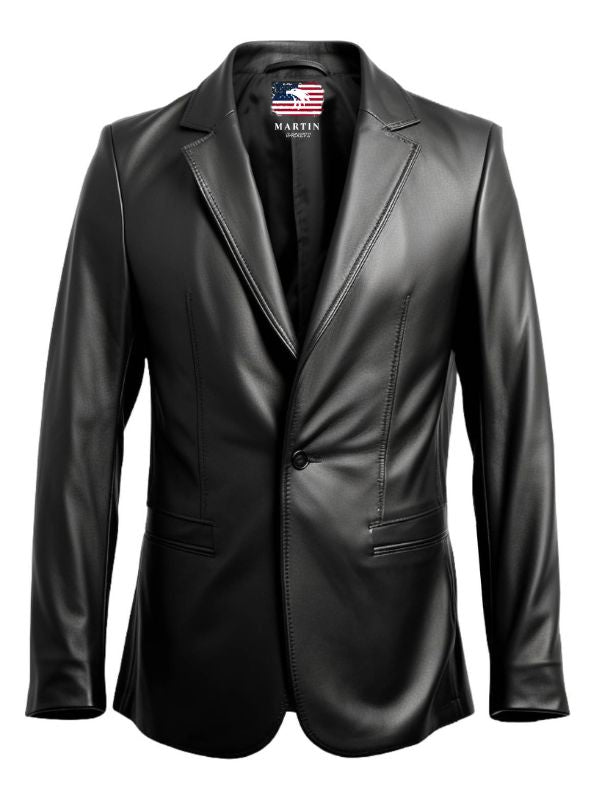 Men One Button Black Leather Blazer