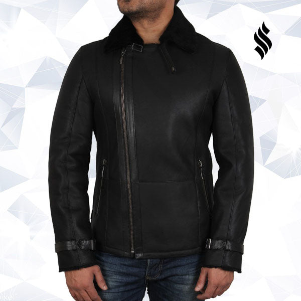 Mens Luxury Aviator Black Leather Shearling Sheepskin Flying Coat
