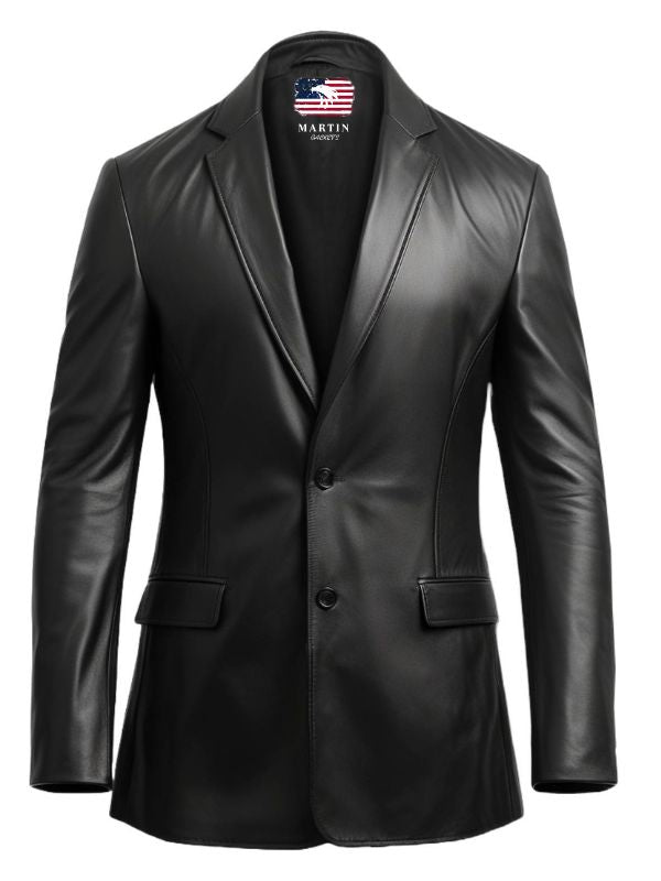Men Two Button Stylish Leather Black Blazer