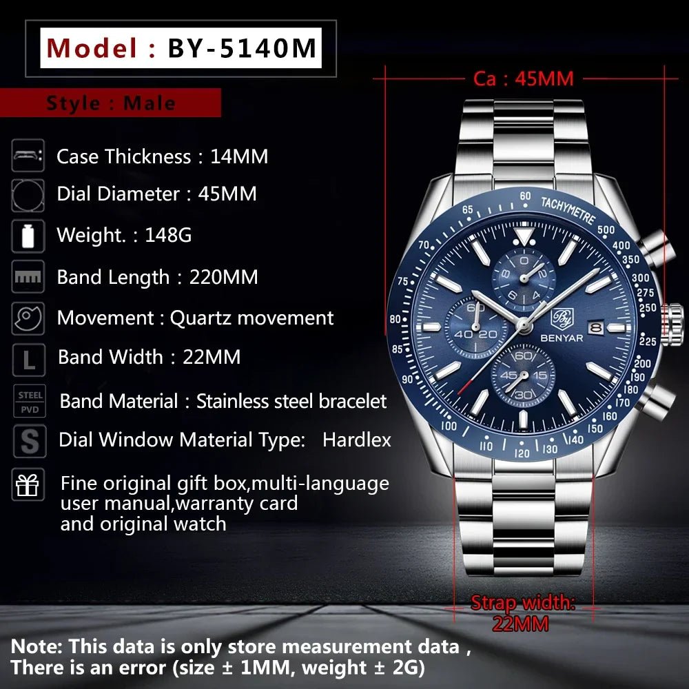 Men Watch BENYAR Top Brand Luxury Full Steel Business Quartz Watch Men Casual Waterproof Sports Watches Clock Relogio Masculino - Overture Gifts