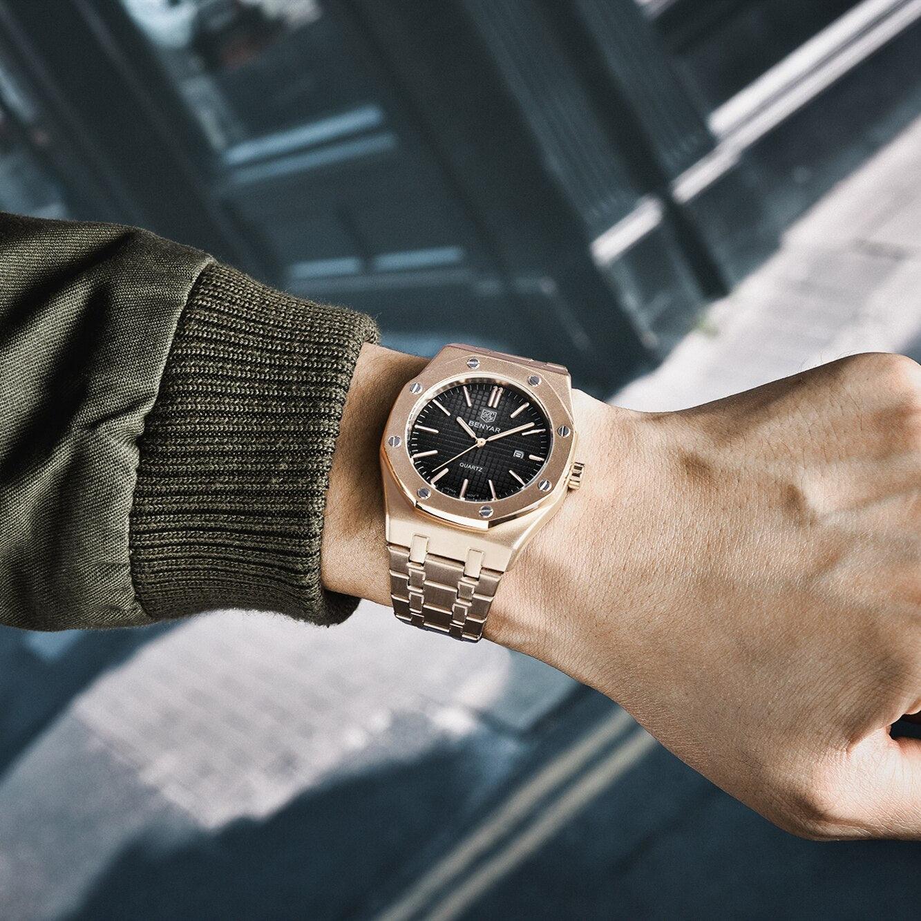Men's Fashion Watch Luxury Men Stainless Steel Band Quartz Watch Analog Waterproof Sports Military Watches - Overture Gifts