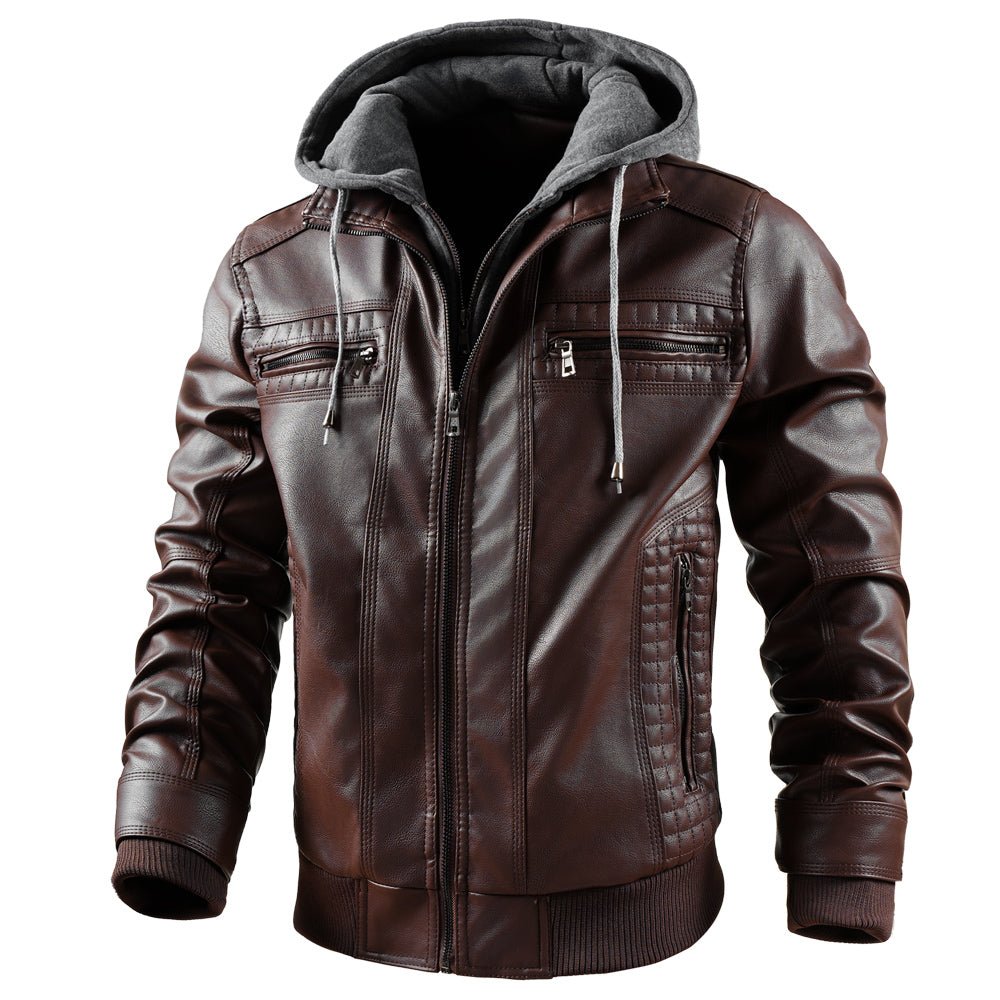 Men's Faux Leather Jacket Motorcycle Jacket Waterproof Windproof PU Moto Vintage Bomber Hoodie With Removable Hood - Overture Gifts