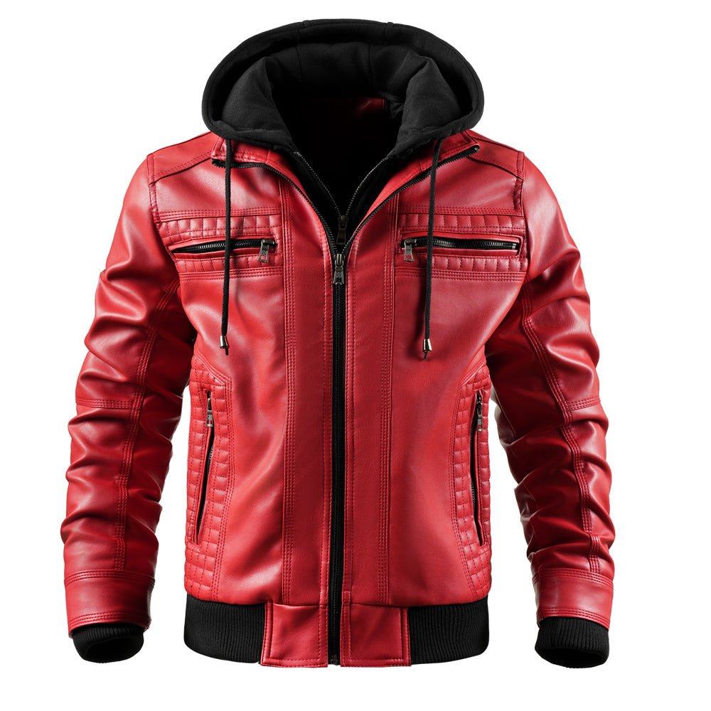 Men's Faux Leather Jacket Motorcycle Jacket Waterproof Windproof PU Moto Vintage Bomber Hoodie With Removable Hood - Overture Gifts