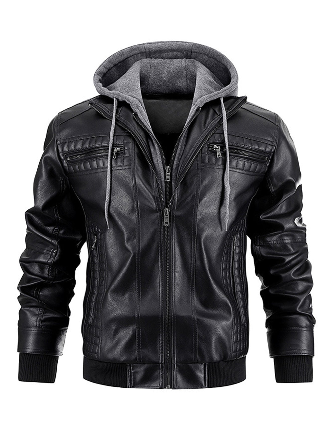 Men's Faux Leather Jacket Motorcycle Jacket Waterproof Windproof PU Moto Vintage Bomber Hoodie With Removable Hood - Overture Gifts