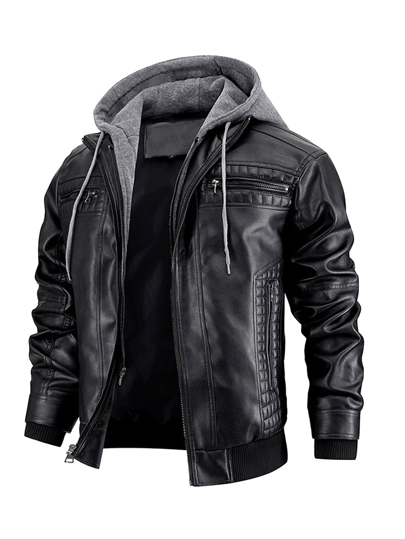 Men's Faux Leather Jacket Motorcycle Jacket Waterproof Windproof PU Moto Vintage Bomber Hoodie With Removable Hood - Overture Gifts