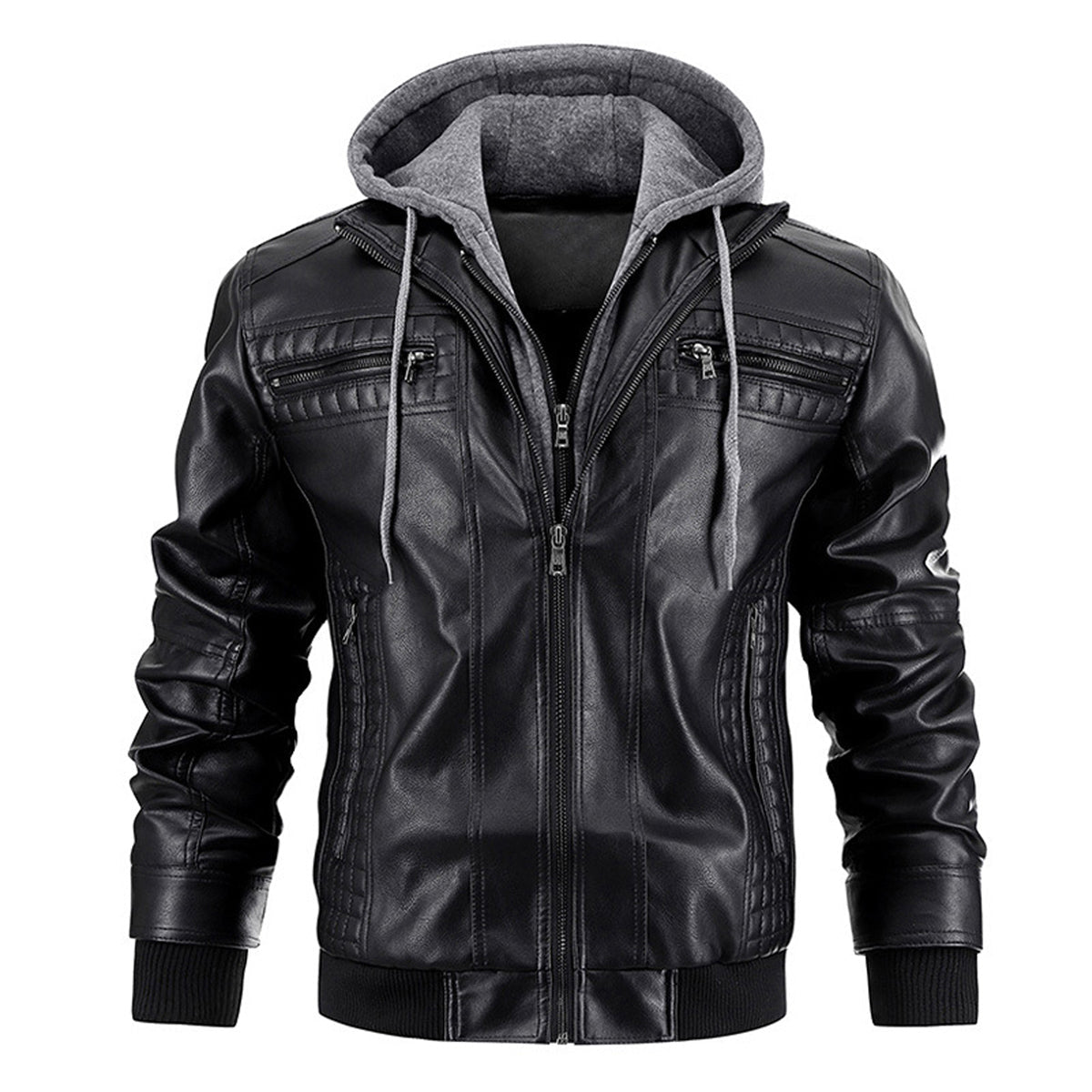 Men's Faux Leather Jacket Motorcycle Jacket Waterproof Windproof PU Moto Vintage Bomber Hoodie With Removable Hood - Overture Gifts