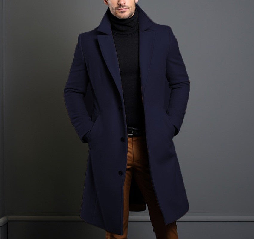 Men's Mid-length Trench Coat Fall Winter Slim Pockets Single-breasted Collar Jacket Casual Business Comfortable Overcoat Clothing - Overture Gifts