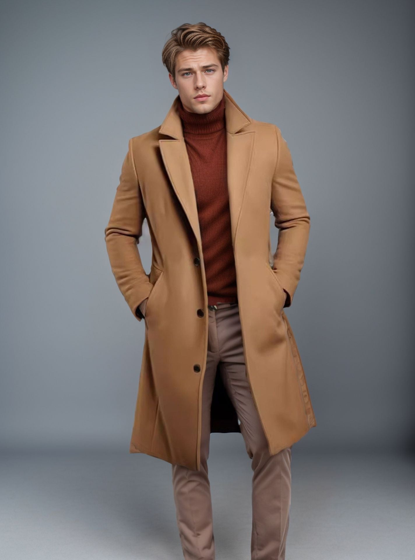 Men's Mid-length Trench Coat Fall Winter Slim Pockets Single-breasted Collar Jacket Casual Business Comfortable Overcoat Clothing - Overture Gifts