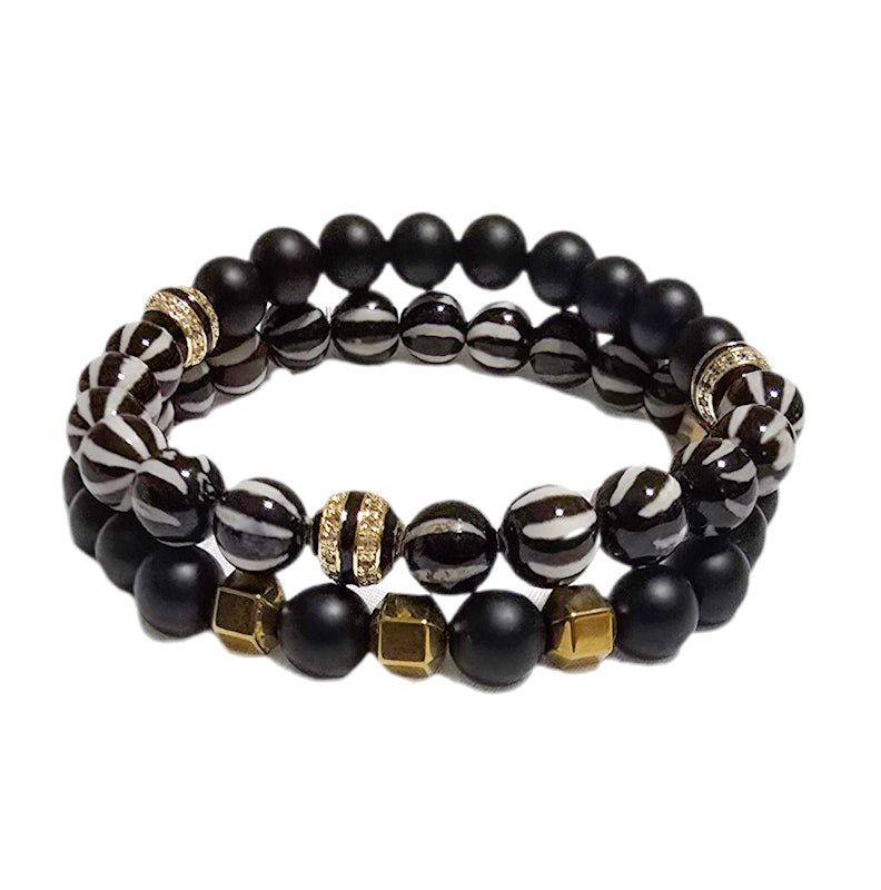 Men's Striped Agate and Onyx Bracelet Set - 8mm Beads 8.5"
