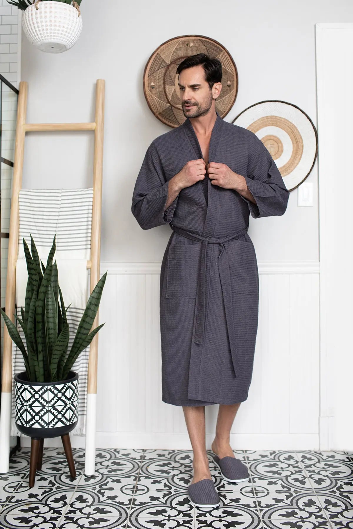 Waffle Spa Bathrobe for Men - Absorbent, Lightweight