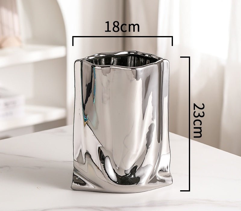 Minimally designed ceramic pleated electroplated vase for hydroponic cultivation of fresh flowers and dried flowers - Overture Gifts