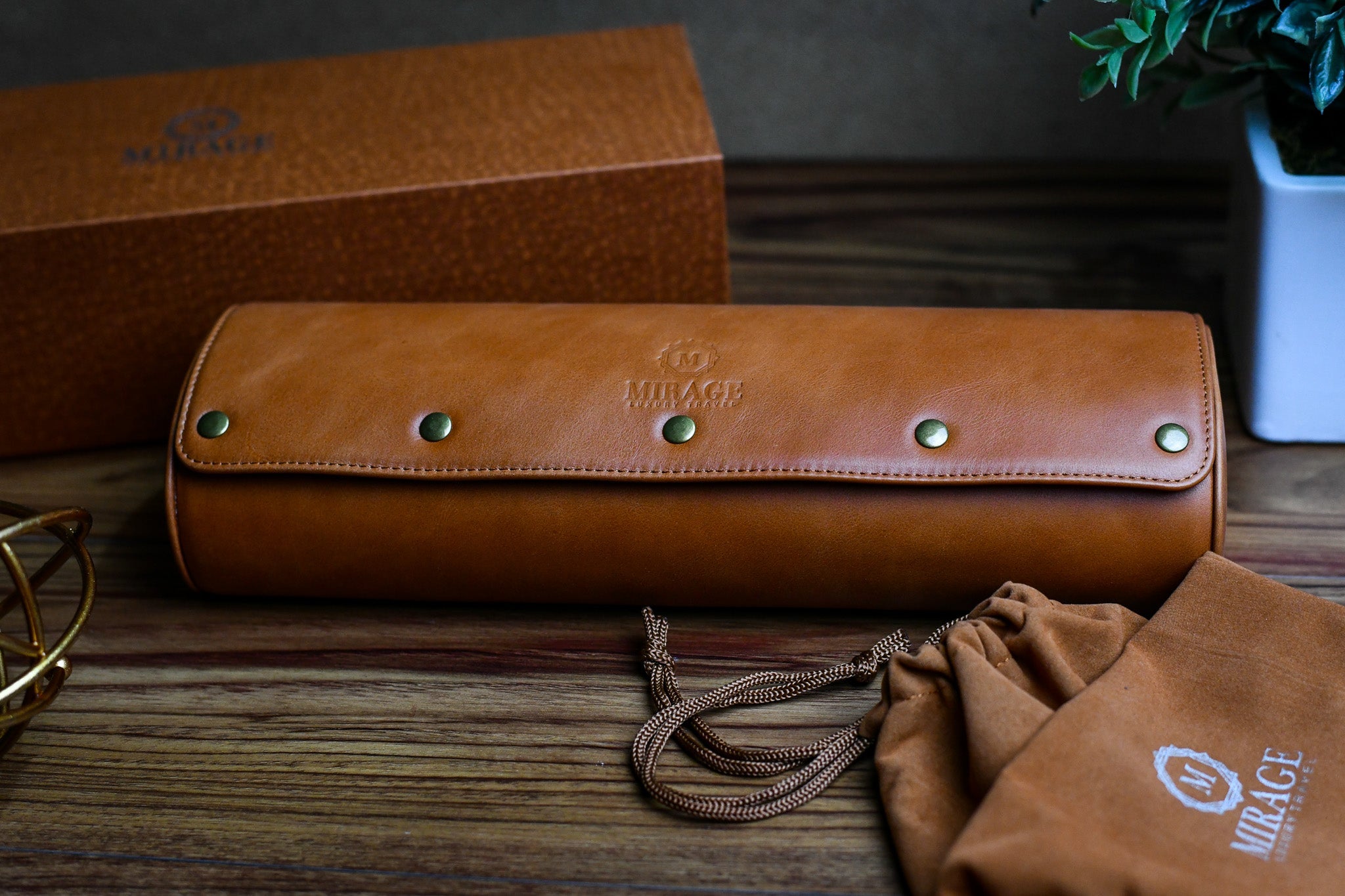 Tawny Brown Full-grain Cow Leather Watch Roll - 4 Watches