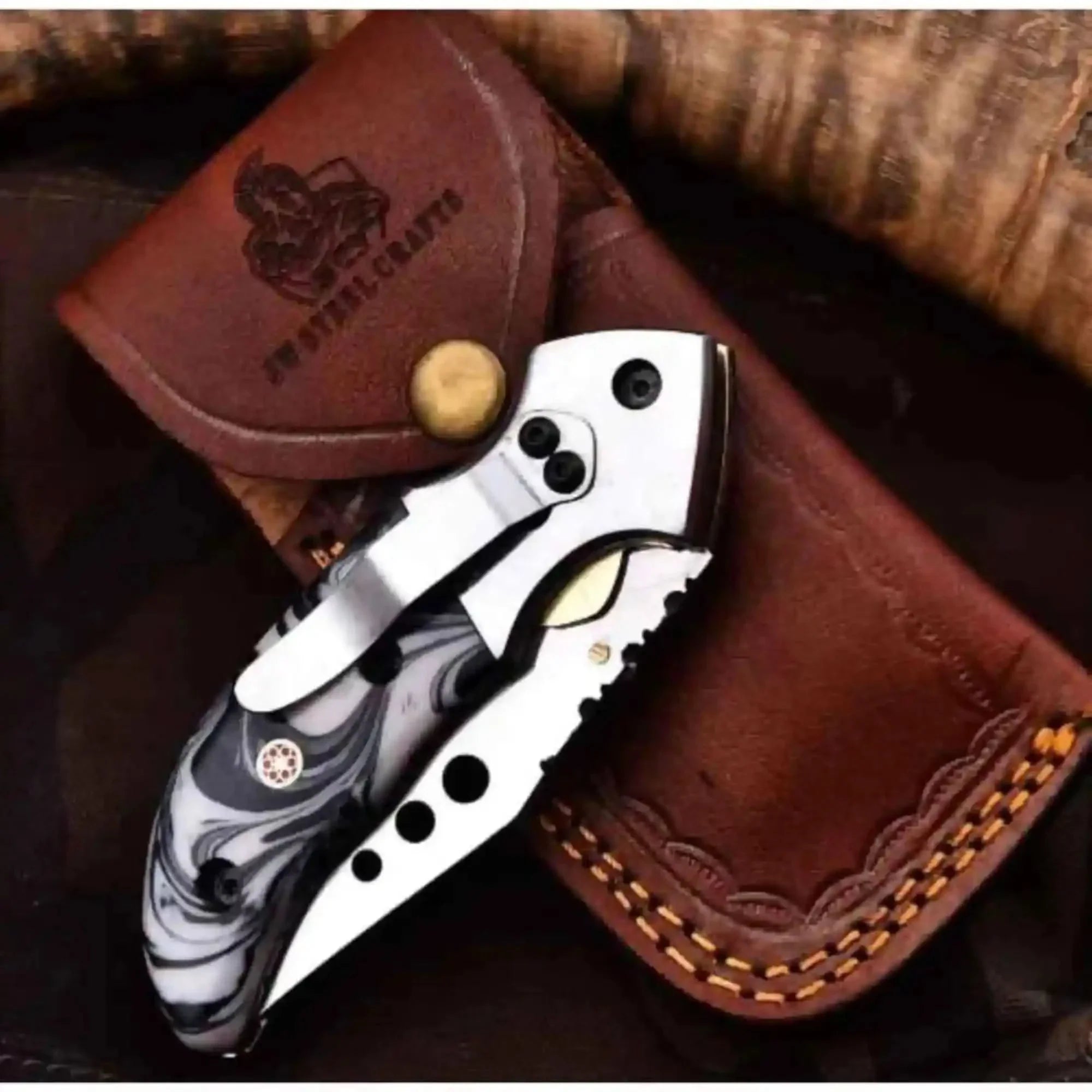 Marble Resin Folding Pocket Knife with Genuine Leather Sheath
