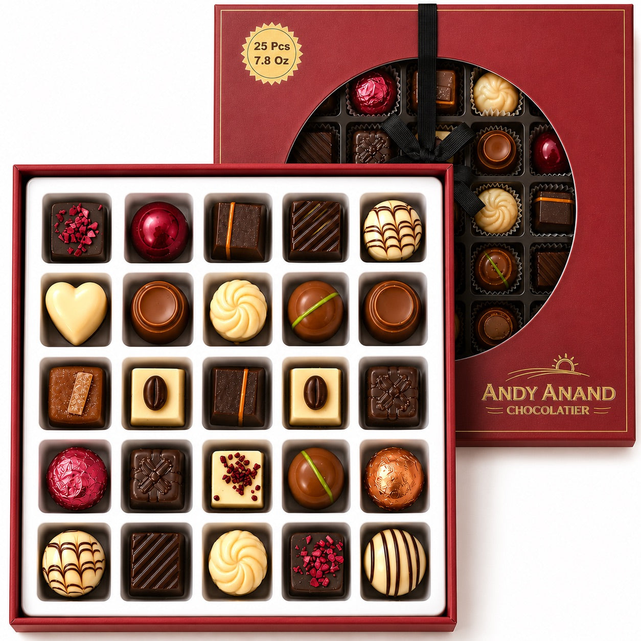 Andy Anand Premium Bon Bon Chocolate Collection, 25 pc – Truffles, Pralines, Pistachio Cream, Mint & Tiramisu, Birthday & Holiday Gift Box