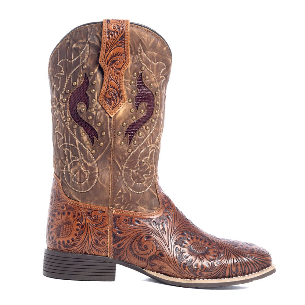 Myra Gianna Hand-Tooled Leather Boots for Women Studded Mid-Calf Western Brunch Heels with Embroidered Floral Designs - Overture Gifts