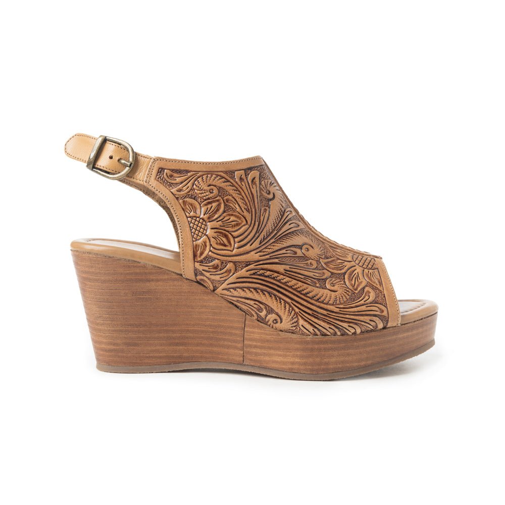Myra Mila's Trail Embossed Leather Wedge Heels for Women Tan Floral Design, Adjustable Buckle, Comfortable Western Platform - Overture Gifts