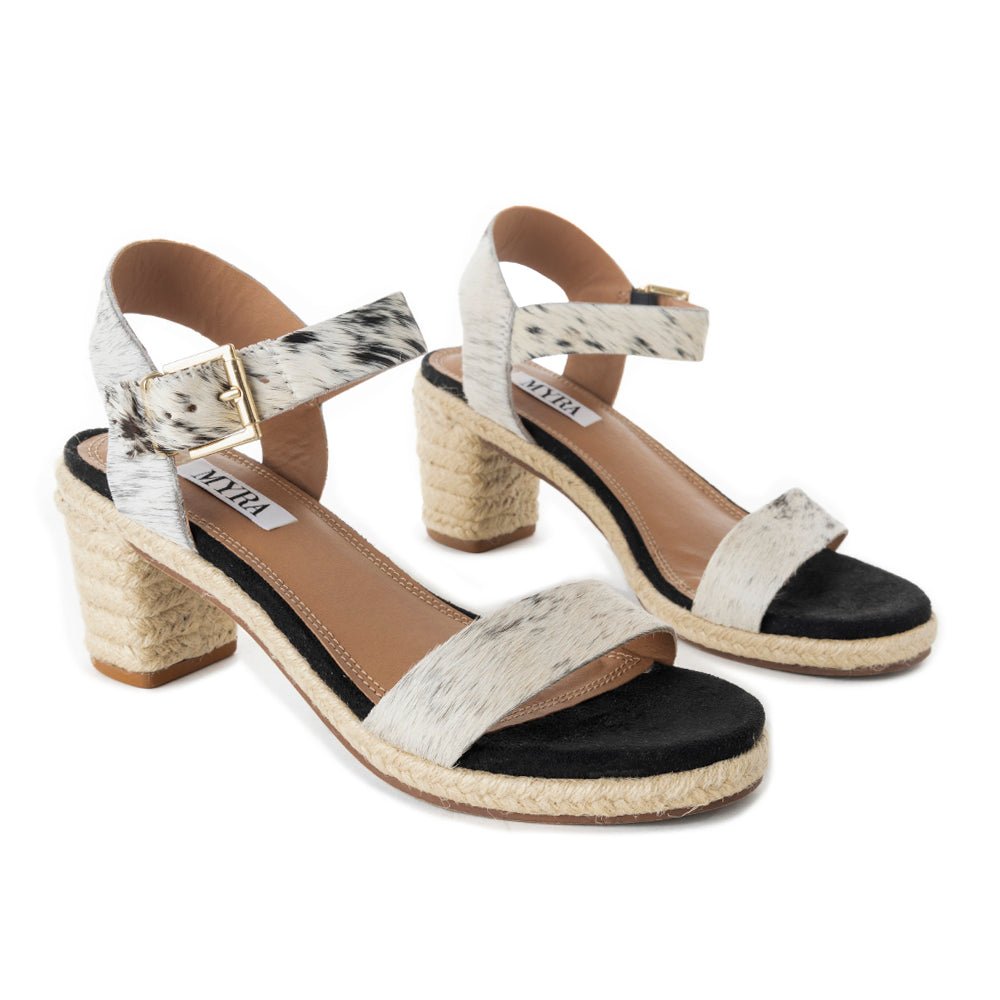 Myra Satin Hairon Leather Heels for Women – White Hairon Block Heels with Buckle Strap & Jute Accents - Overture Gifts