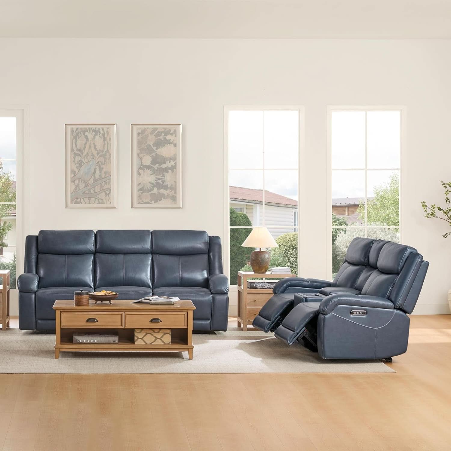 Navy Genuine Leather Power Recliner Sofa With USB Type C - Overture Gifts