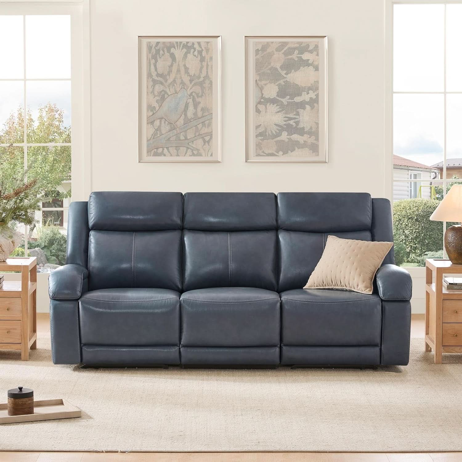 Navy Genuine Leather Power Recliner Sofa With USB Type C - Overture Gifts