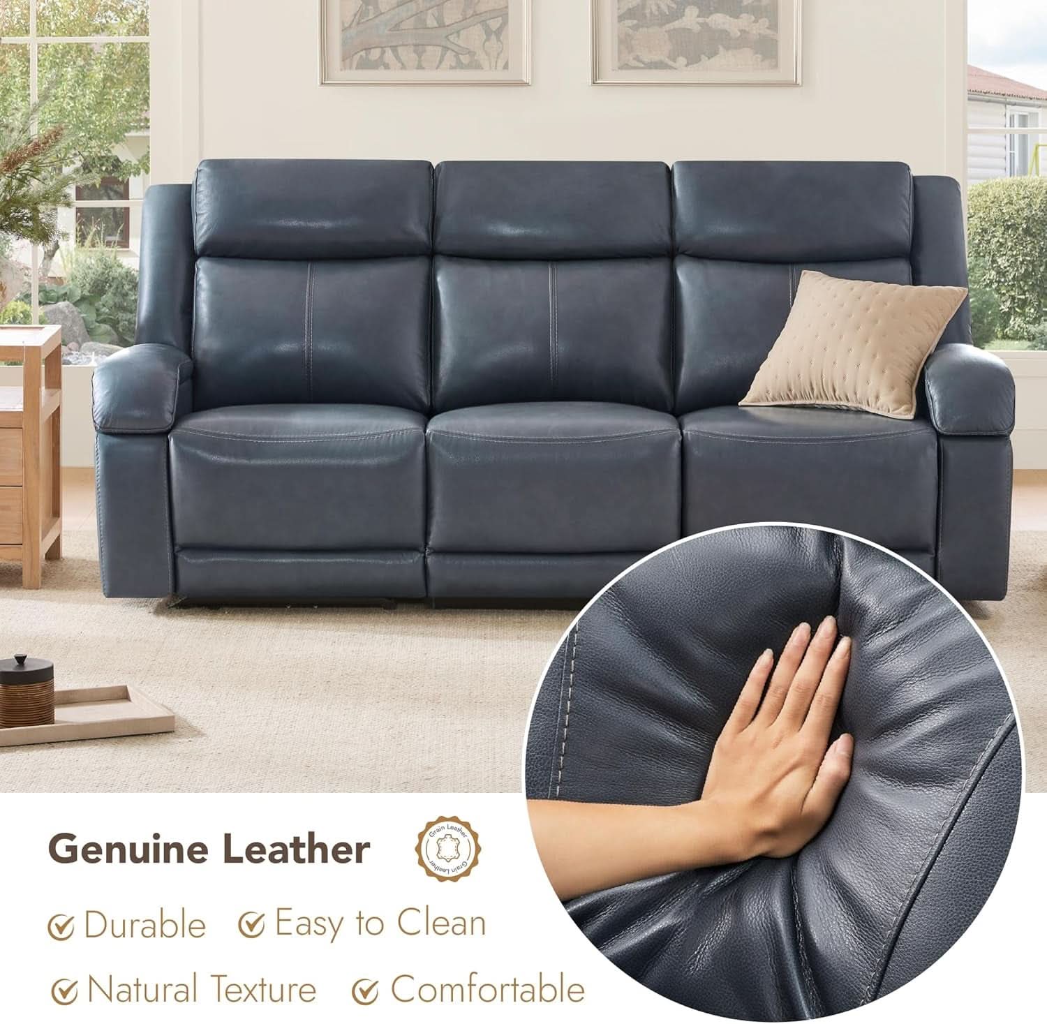 Navy Genuine Leather Power Recliner Sofa With USB Type C - Overture Gifts