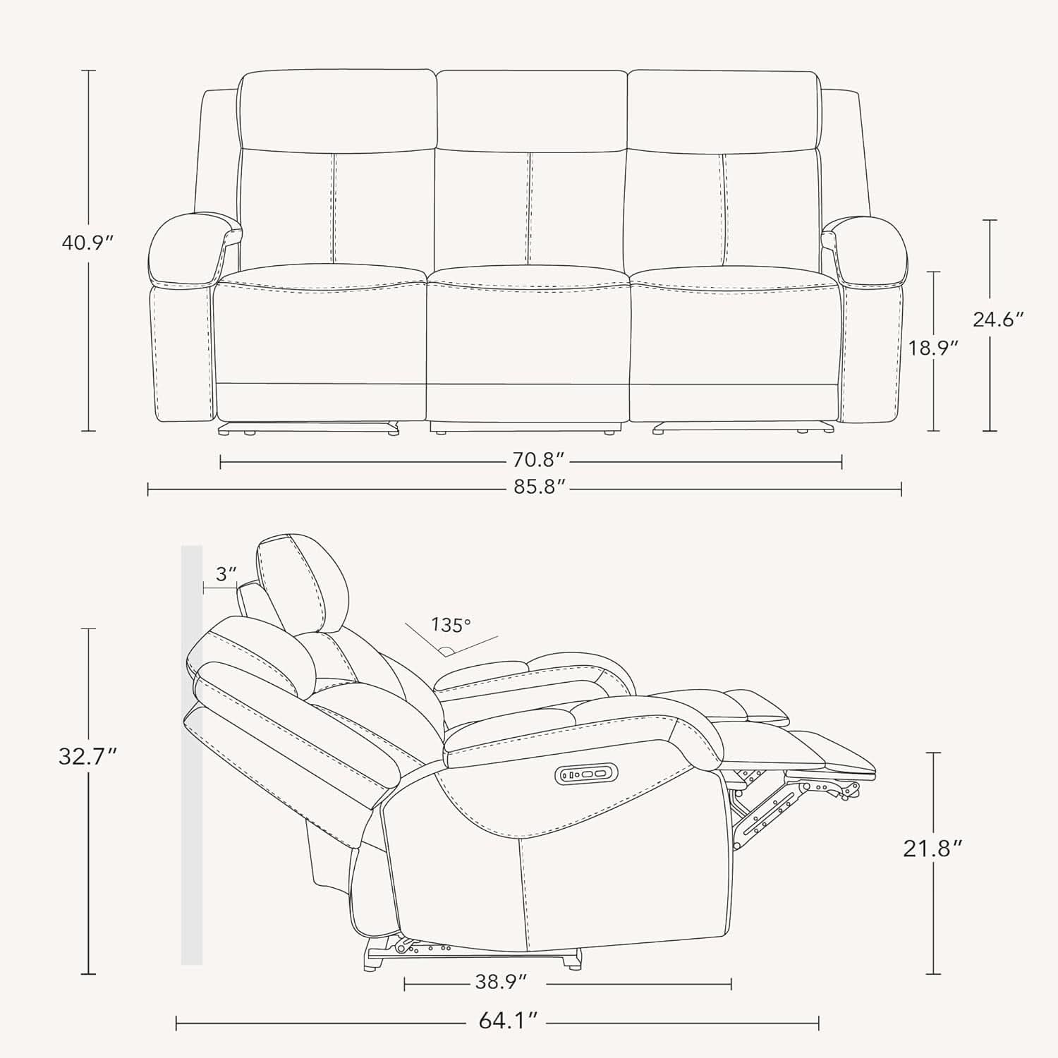 Navy Genuine Leather Power Recliner Sofa With USB Type C - Overture Gifts