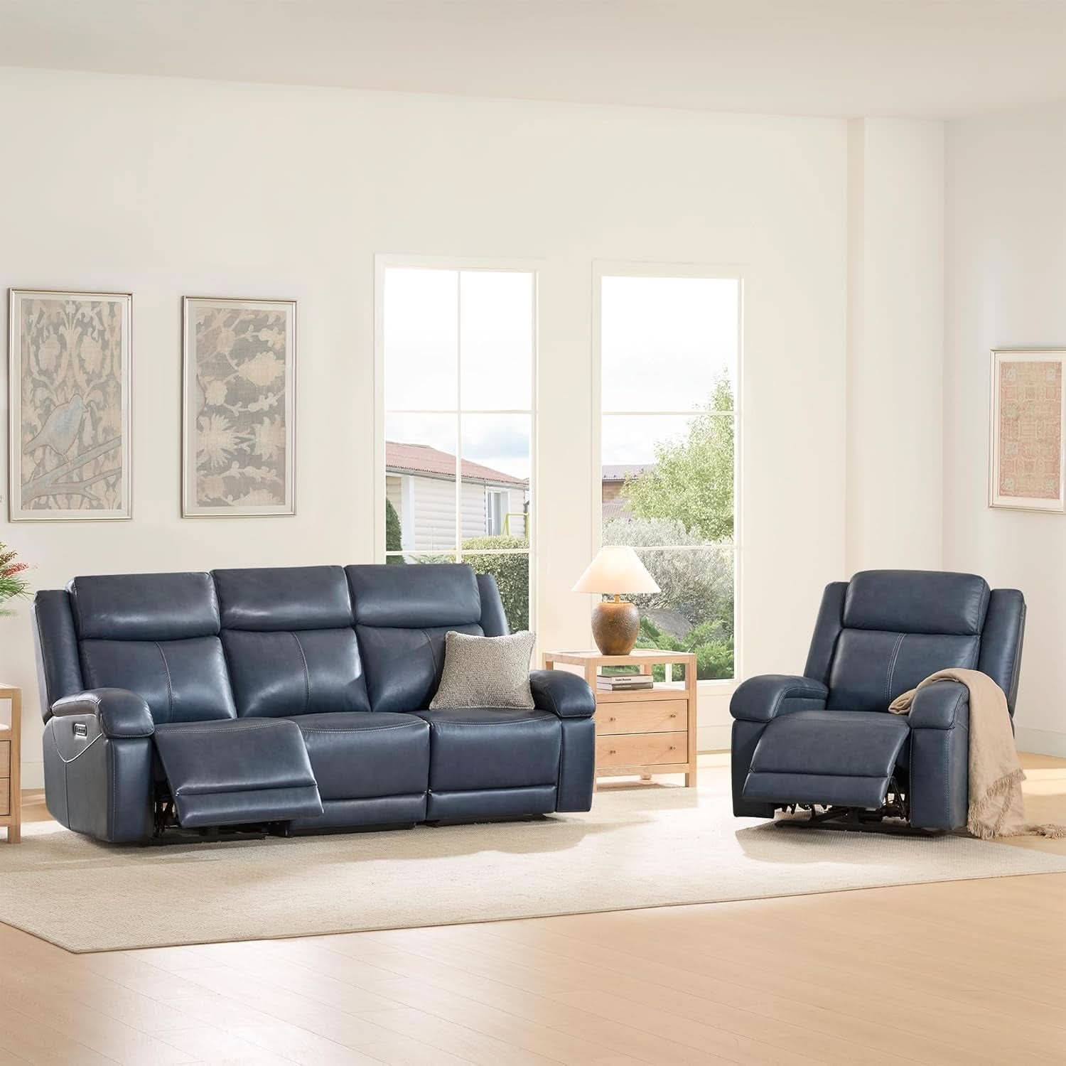 Navy Genuine Leather Power Recliner Sofa With USB Type C - Overture Gifts