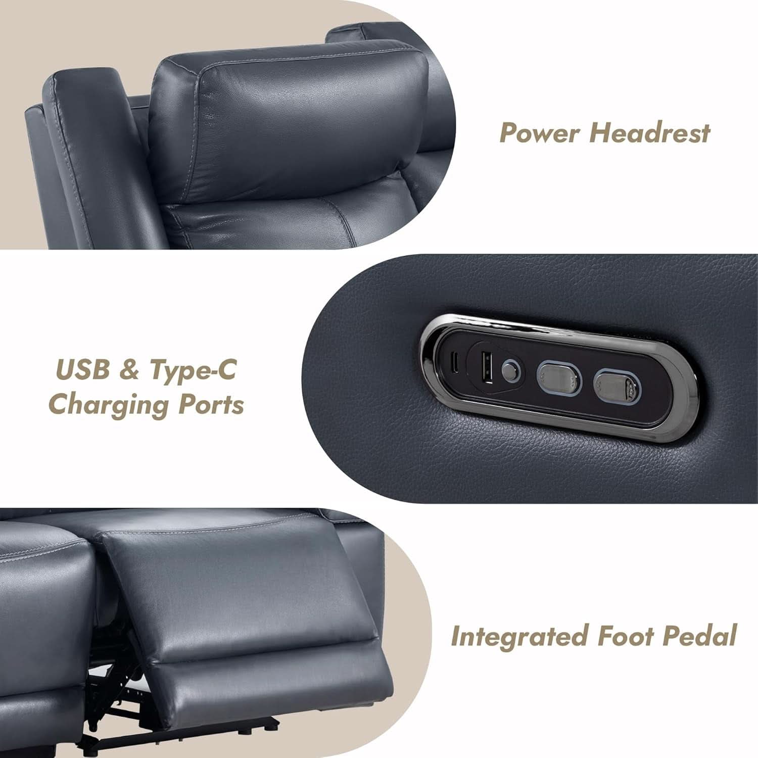 Navy Genuine Leather Power Recliner Sofa With USB Type C - Overture Gifts