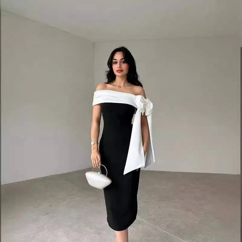 Off-shoulder Color Matching Elegant Cocktail Dress