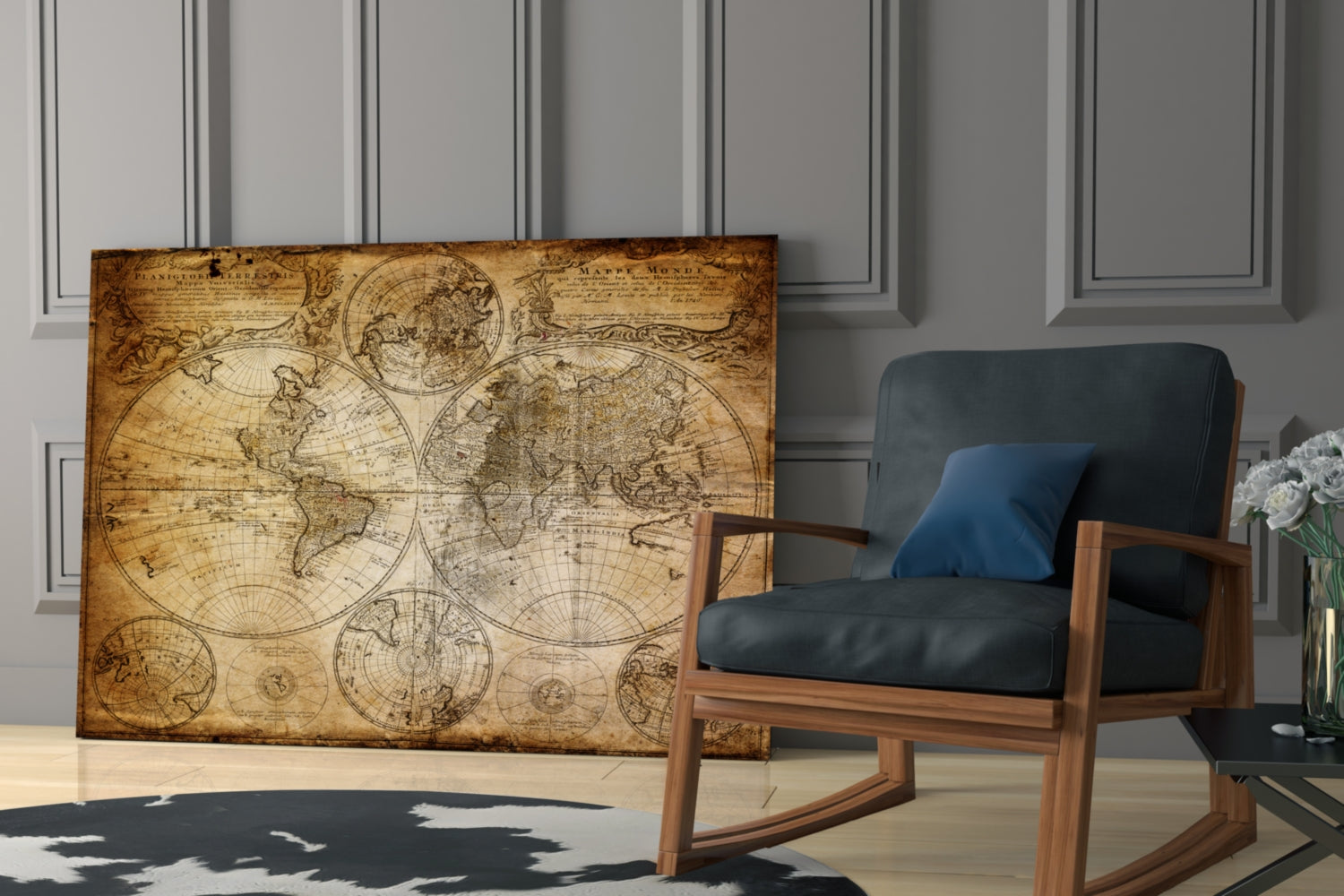 Antique Hemisphere Cartography World Map Glass Wall Art